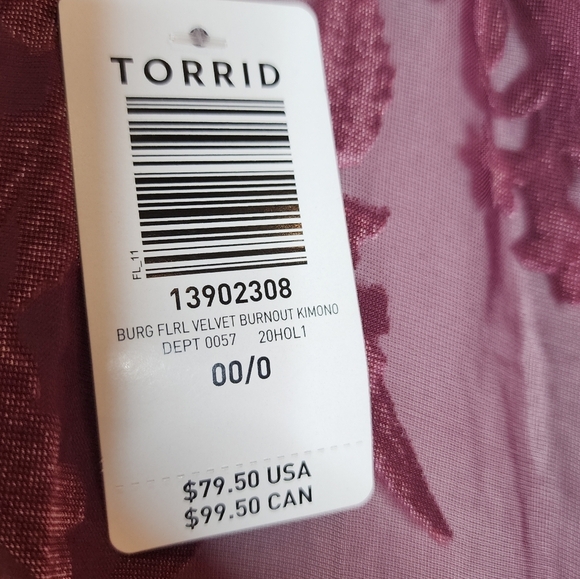NWT Torrid Burnout Velvet Kimono Burgundy Floral size 00/0 M/L - Picture 2 of 16